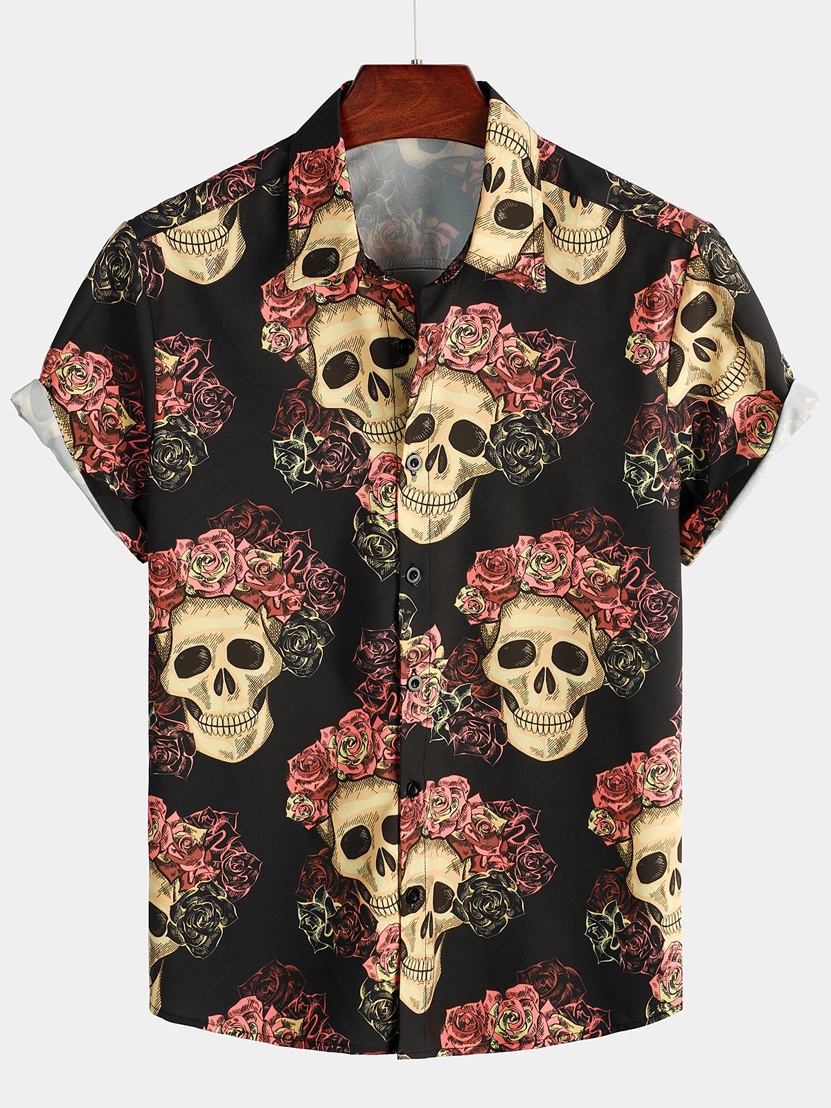Men's Pink Funny Skull Print Short Sleeve Shirt