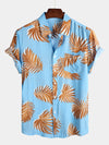 Men's Blue Tropical Leaves Print Pocket Short Sleeve Shirt