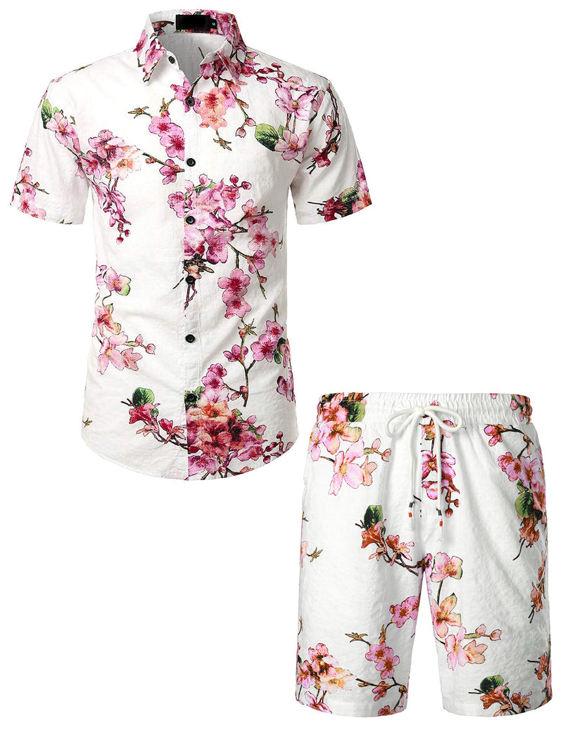 Men's Cotton Flower Print Hawaiian Shirt & Shorts Set