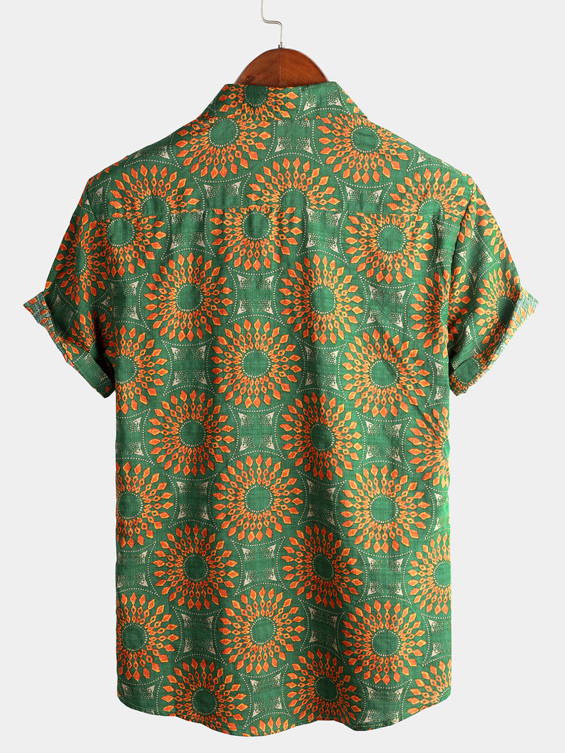 Men's Cotton Vintage 70s Floral Retro Button Up Green Summer Beach Bohemian Boho Short Sleeve Shirt
