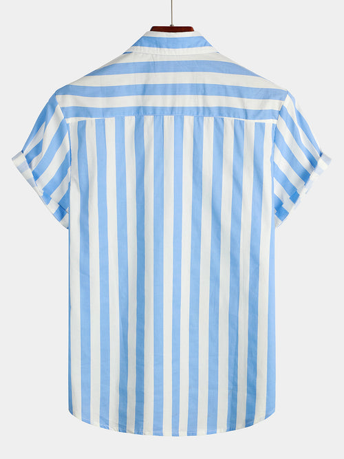 Men's Casual Pocket Vertical Striped Short Sleeve Shirt