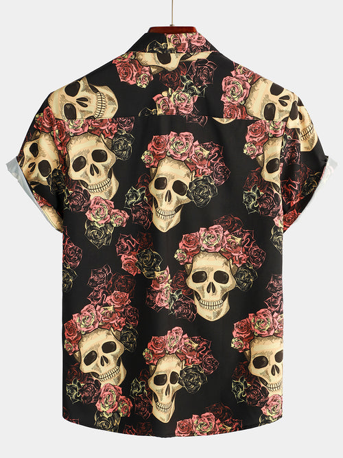 Men's Skull Rose Print Short Sleeve Hawaiian Shirt