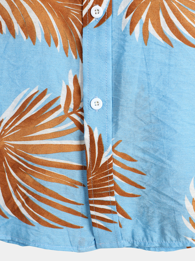 Men's Blue Tropical Leaves Print Pocket Short Sleeve Shirt