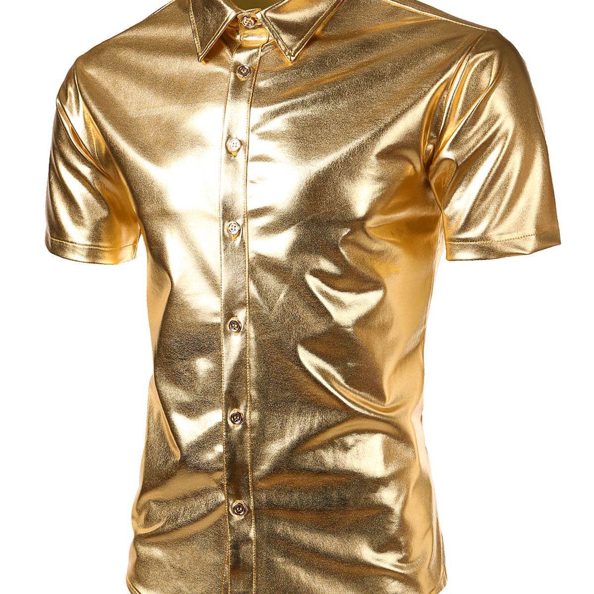 Men's Metallic Silver Shiny 70s Disco Party Button Up Short Sleeve Shirt
