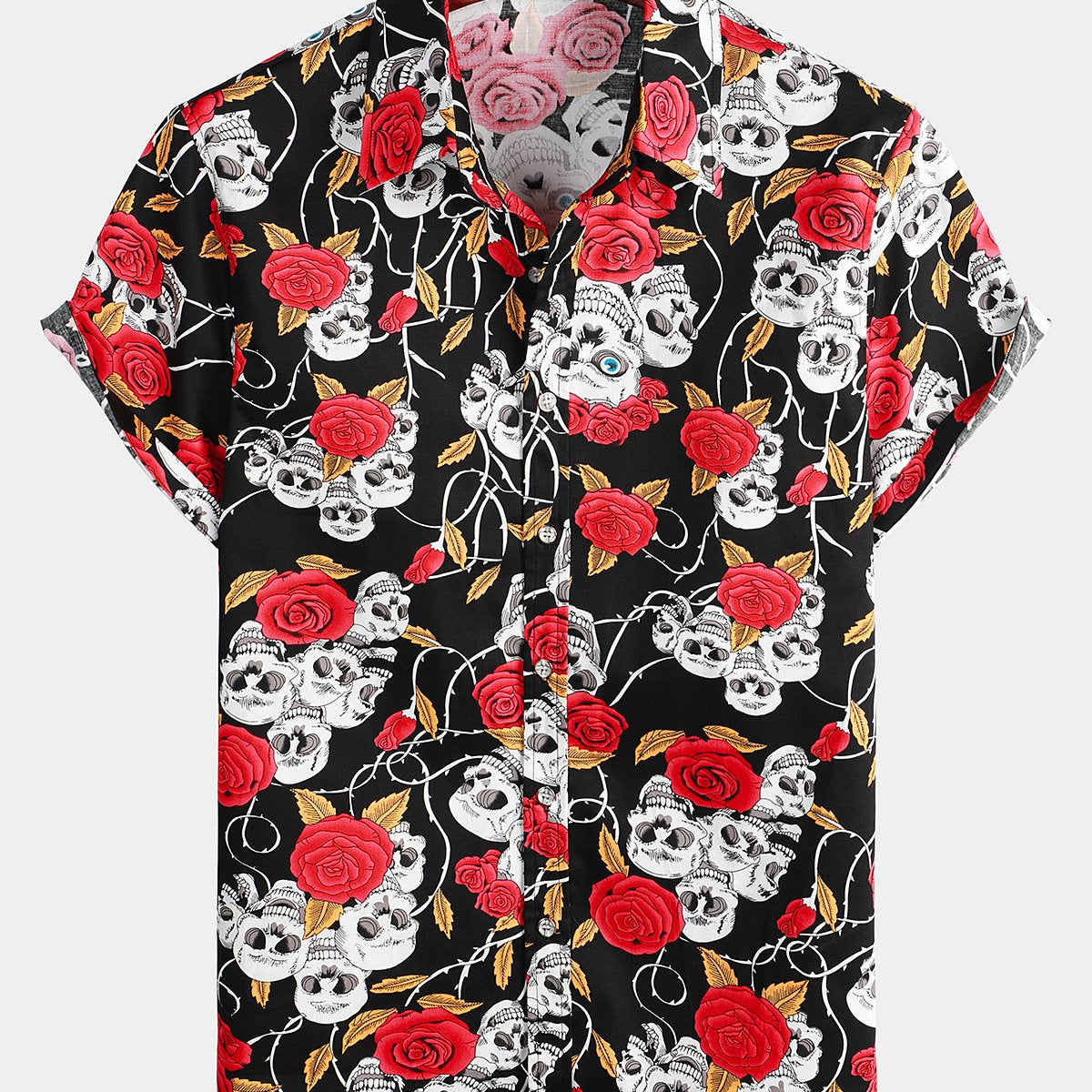 Men's Skull Rose Print Short Sleeve Shirt