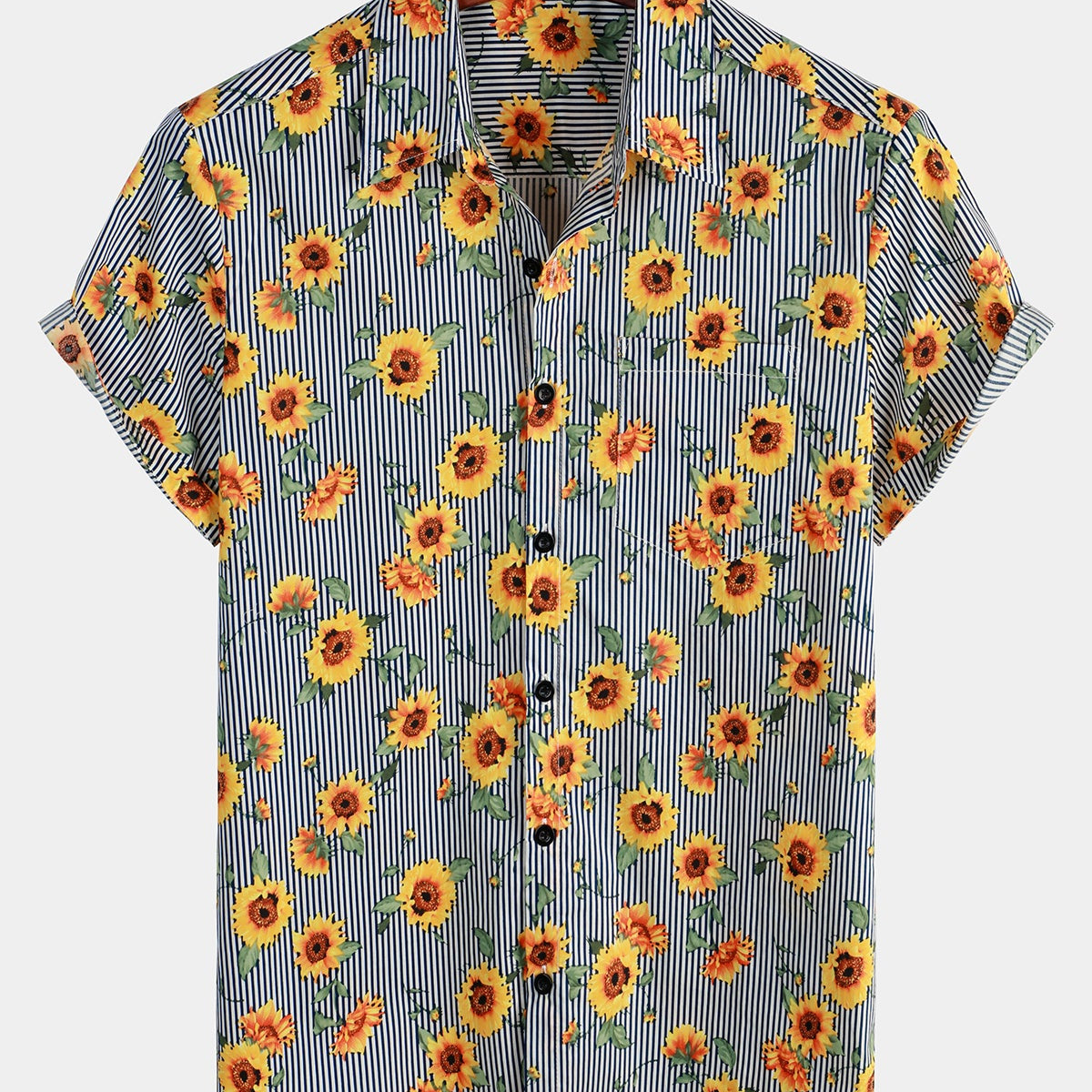 Men's Striped & Sunflower Print Short Sleeve Shirt