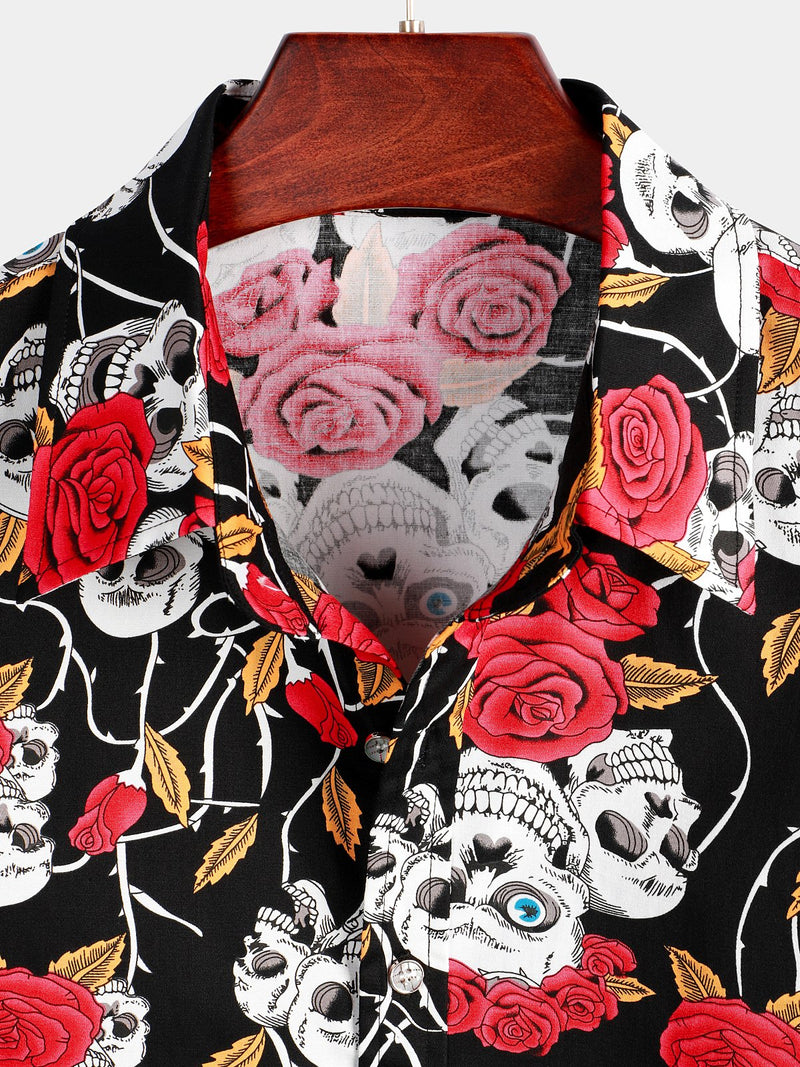 Men's Skull Rose Print Short Sleeve Shirt