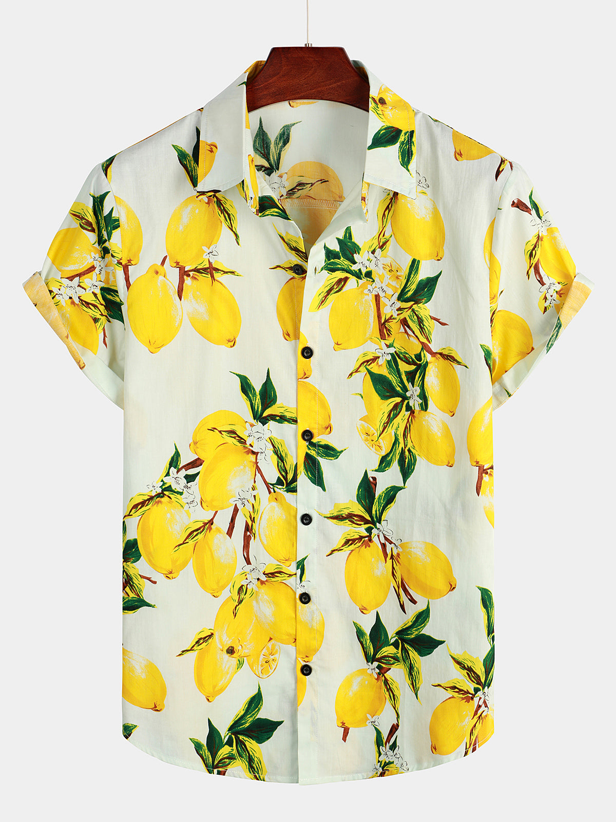 Men's Yellow Lemon Print Short Sleeve Hawaiian Shirt