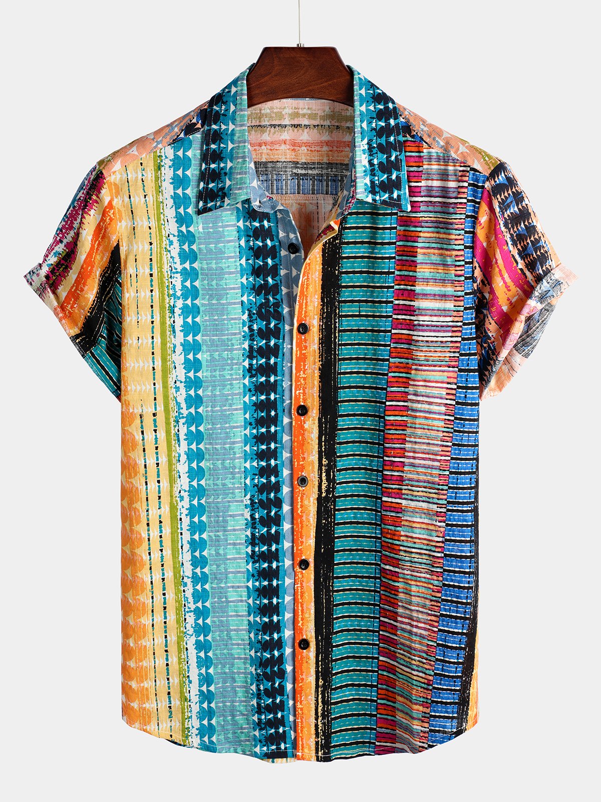 Men's Colorful Casual Striped Button Up Cotton Short Sleeve Shirt
