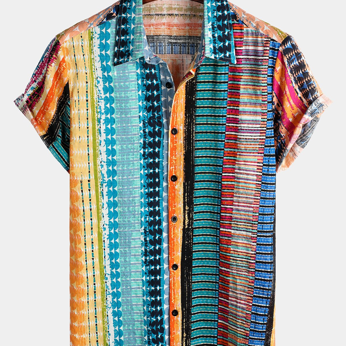 Men's Colorful Casual Striped Button Up Cotton Short Sleeve Shirt