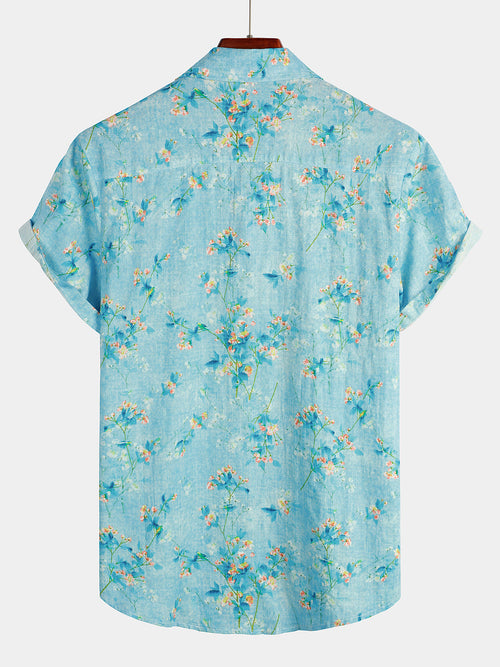 Men's Floral Print Pocket Short Sleeve Shirt