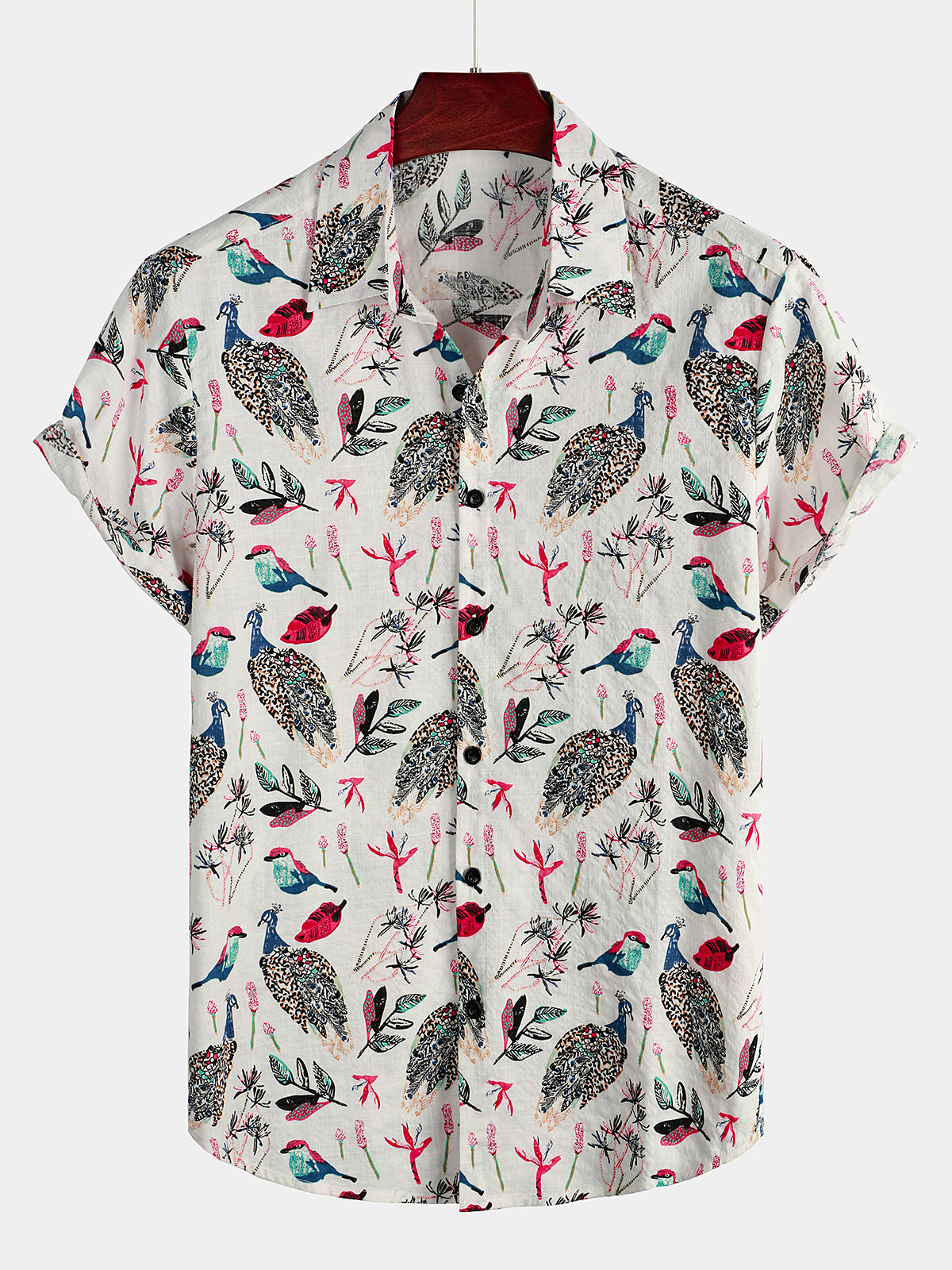 Men's Peacock Print Cotton Short Sleeve Shirt