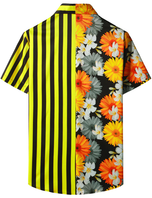 Men's Daisy Flowers Yellow Striped Print Floral Pocket Vacation Casual Short Sleeve Summer Shirt