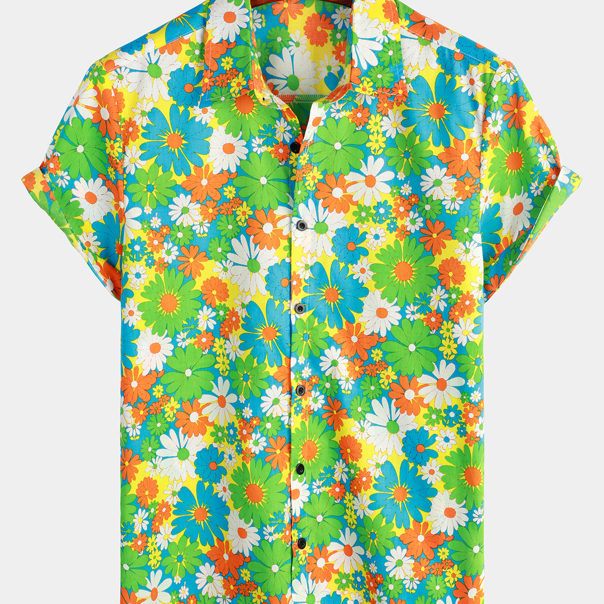 Men's Green Floral Cotton Tropical Button Up Hawaiian Shirt