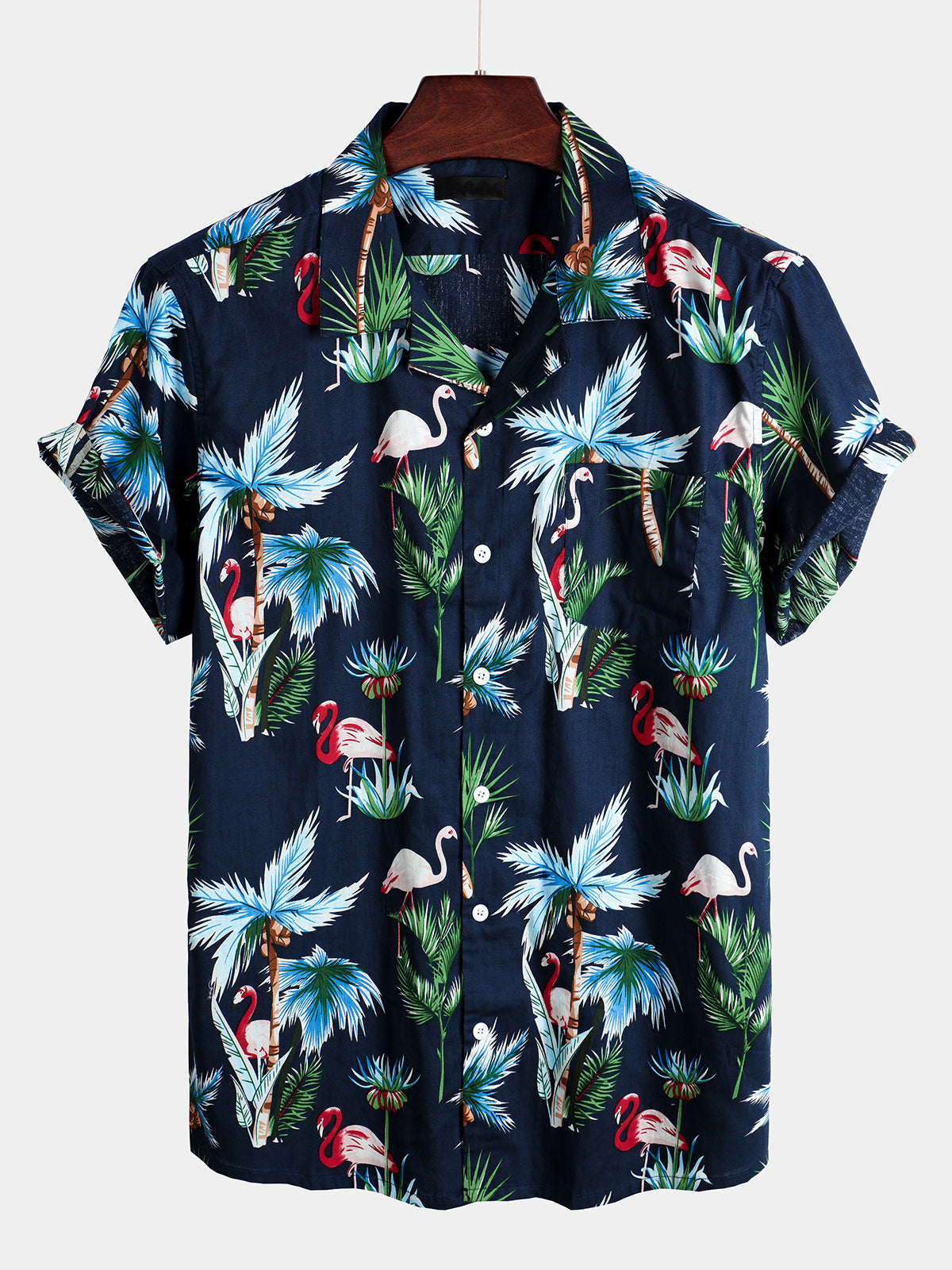 Men's Flamingo Print Cotton Hawaiian Short Sleeve Shirt