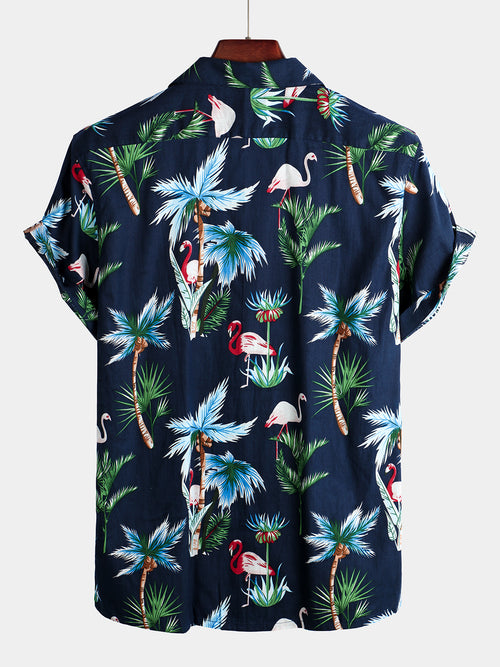 Men's Flamingo Print Cotton Hawaiian Short Sleeve Shirt