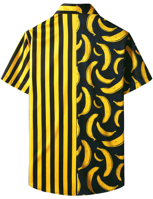 Men's Banana Yellow Striped Print Pocket Tropical Fruit Summer Vacation Casual Short Sleeve Shirt