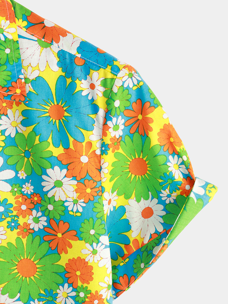 Men's Green Floral Cotton Tropical Button Up Hawaiian Shirt