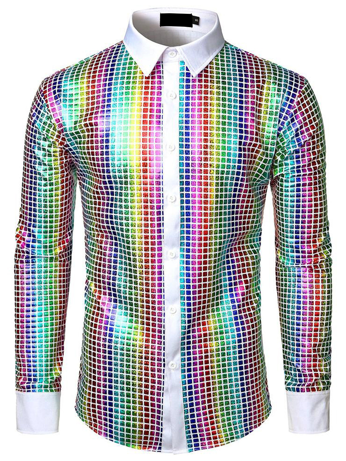Men's 70s Disco Party Christmas Prom Costume Metallic Sequins Button Up Shirt