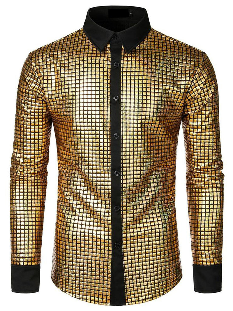 Men's Button Up Long Sleeve Sequins Disco Shirt