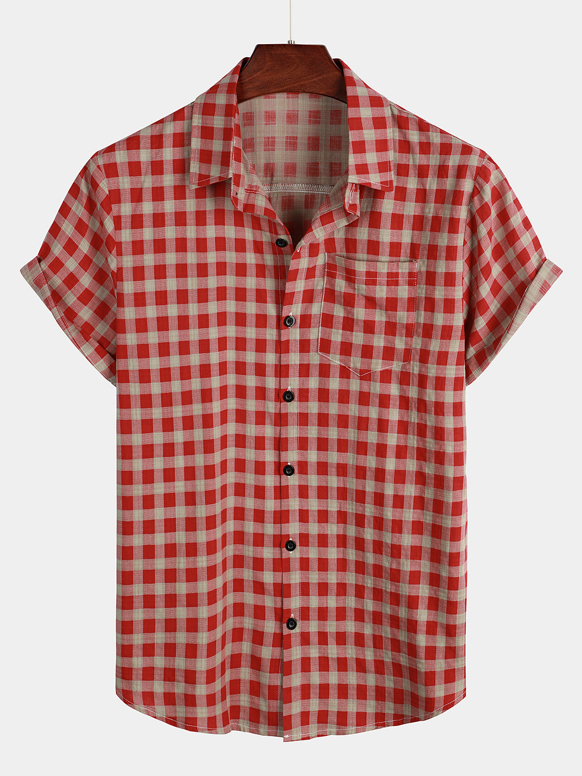 Men's Red Check Print Plaid Pocket Button Up Short Sleeve Shirt