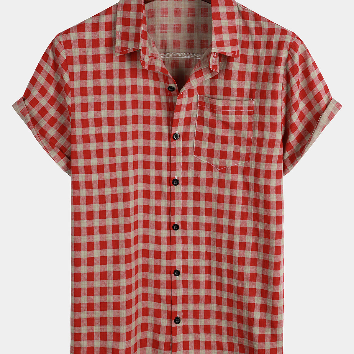Men's Red Check Print Plaid Pocket Button Up Short Sleeve Shirt
