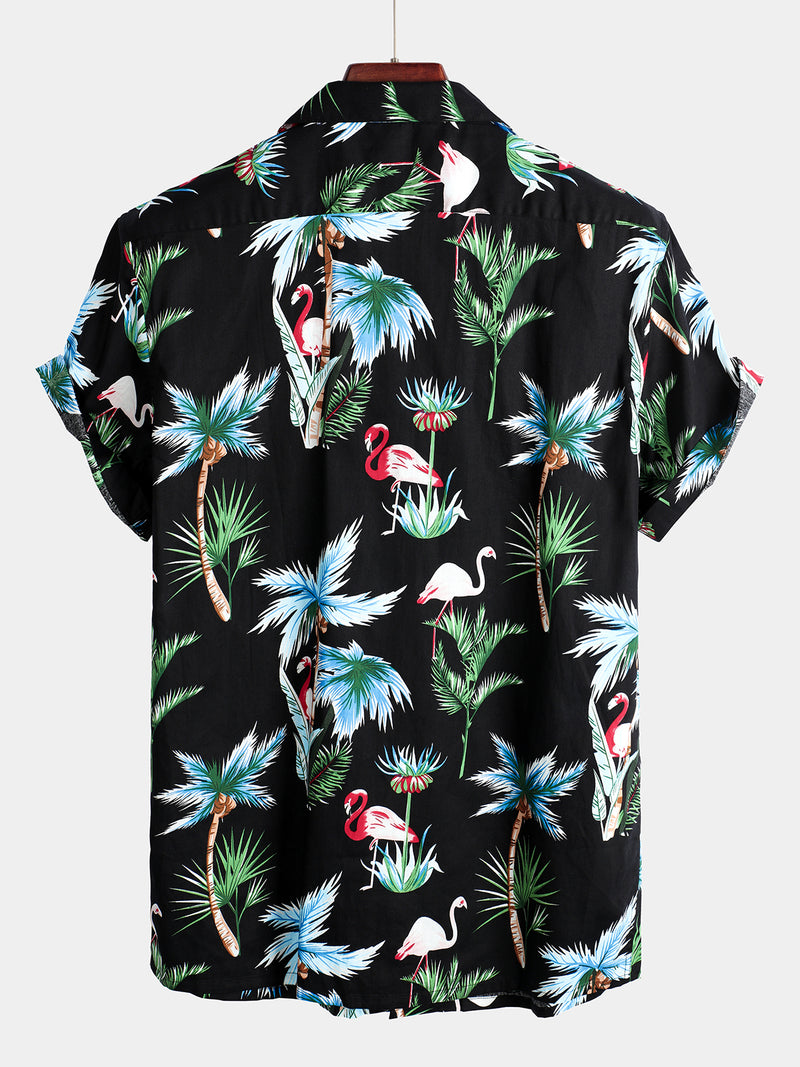 Men's Flamingo Print Cotton Hawaiian Short Sleeve Shirt
