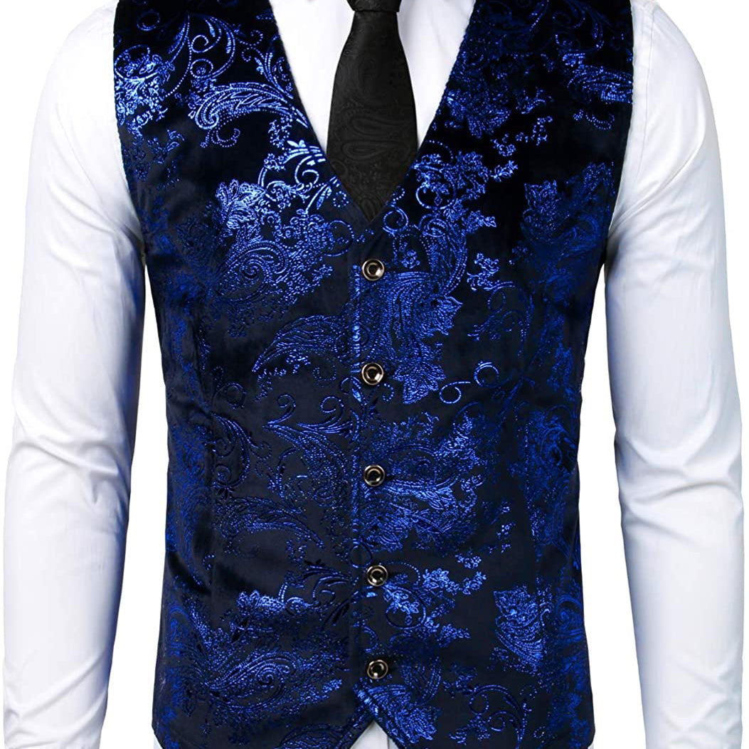 Mens Hipster Metallic Paisley Print Single Breasted V-Neck Black Grey Suit Vest/Tuxedo Waistcoat