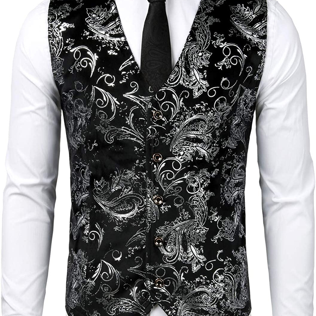 Men's Metallic Shiny Paisley Gentleman's Waistcoat V-Neck Suit Vest Tuxedo Waistcoat