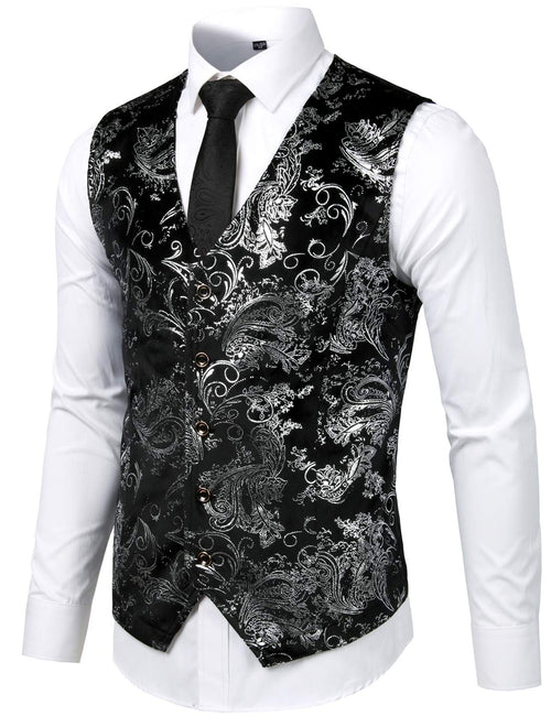 Mens Hipster Metallic Paisley Print Single Breasted V-Neck Suit Vest/Tuxedo Waistcoat