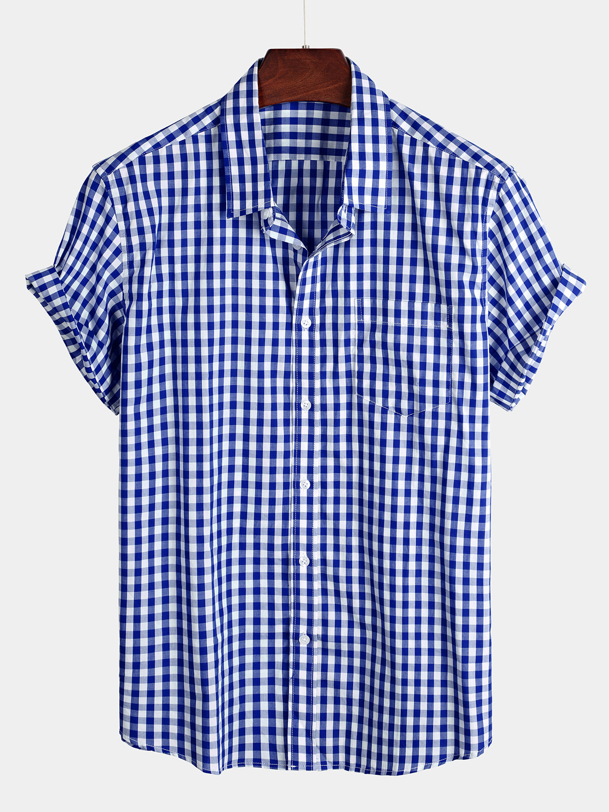 Men's Plaid Cotton Casual Solid Color Pocket Summer Holiday Button Up Short Sleeve Shirt