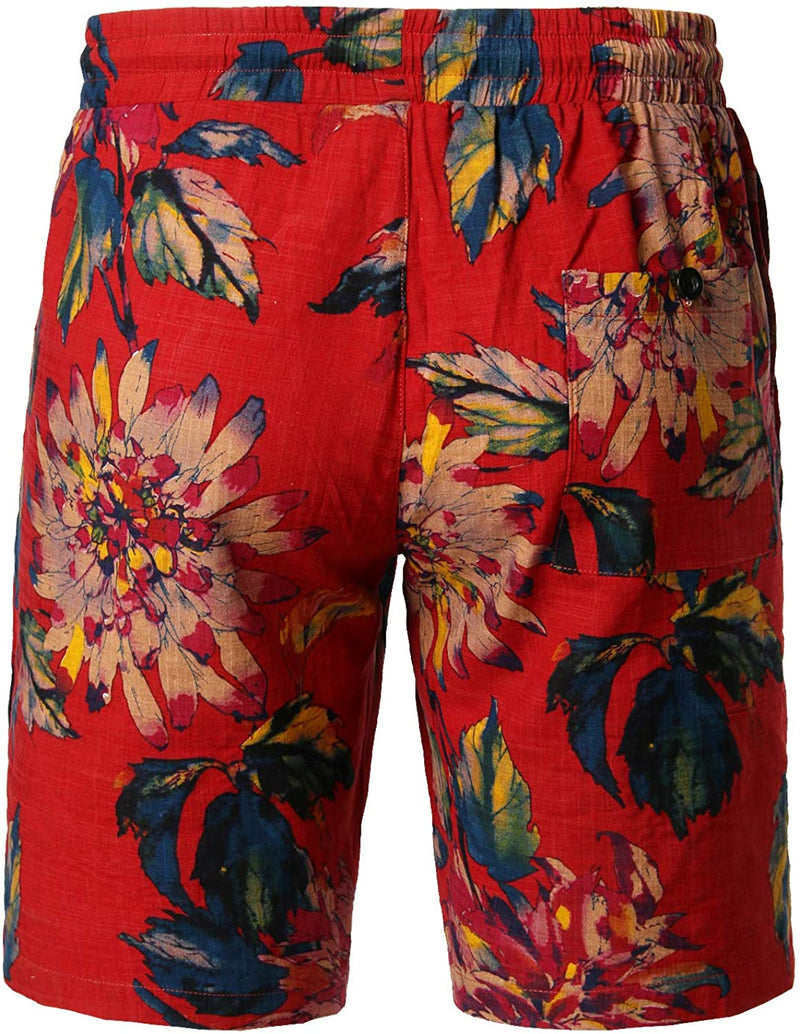 Men's Cotton Casual Red Flower Hawaiian Shorts