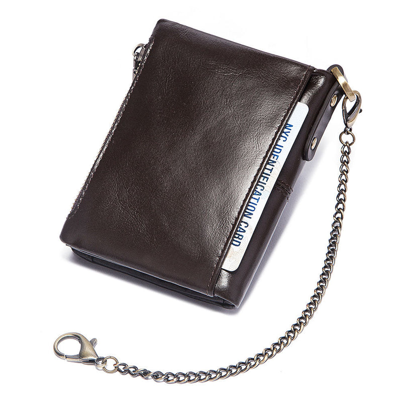 Men's Genuine Leather RFID Multi-slots Retro Chains Large Capacity Foldable Card Holder Wallet