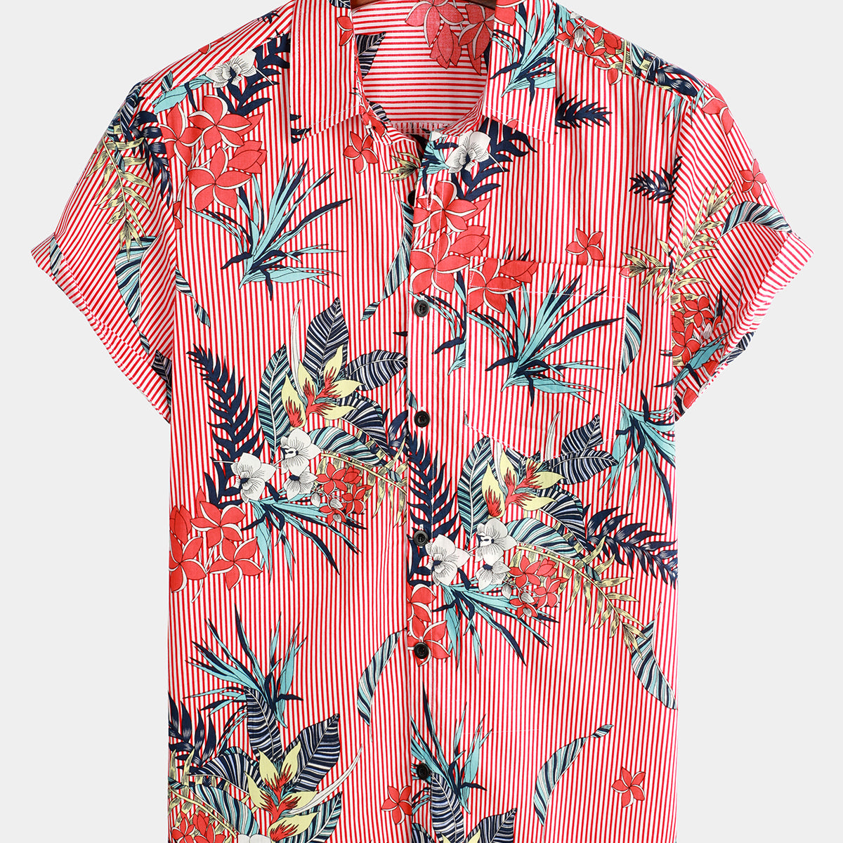 Men's Striped Floral Print Pocket Cotton Shirt