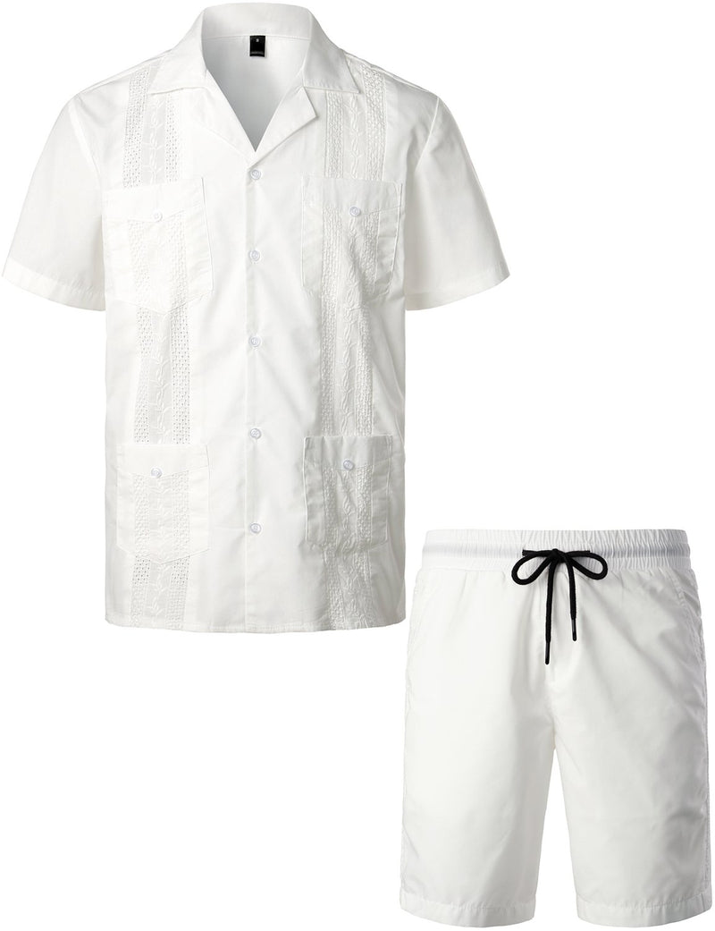 Men's Casual Short Sleeve Cuban Guayabera Shirt & Shorts Set