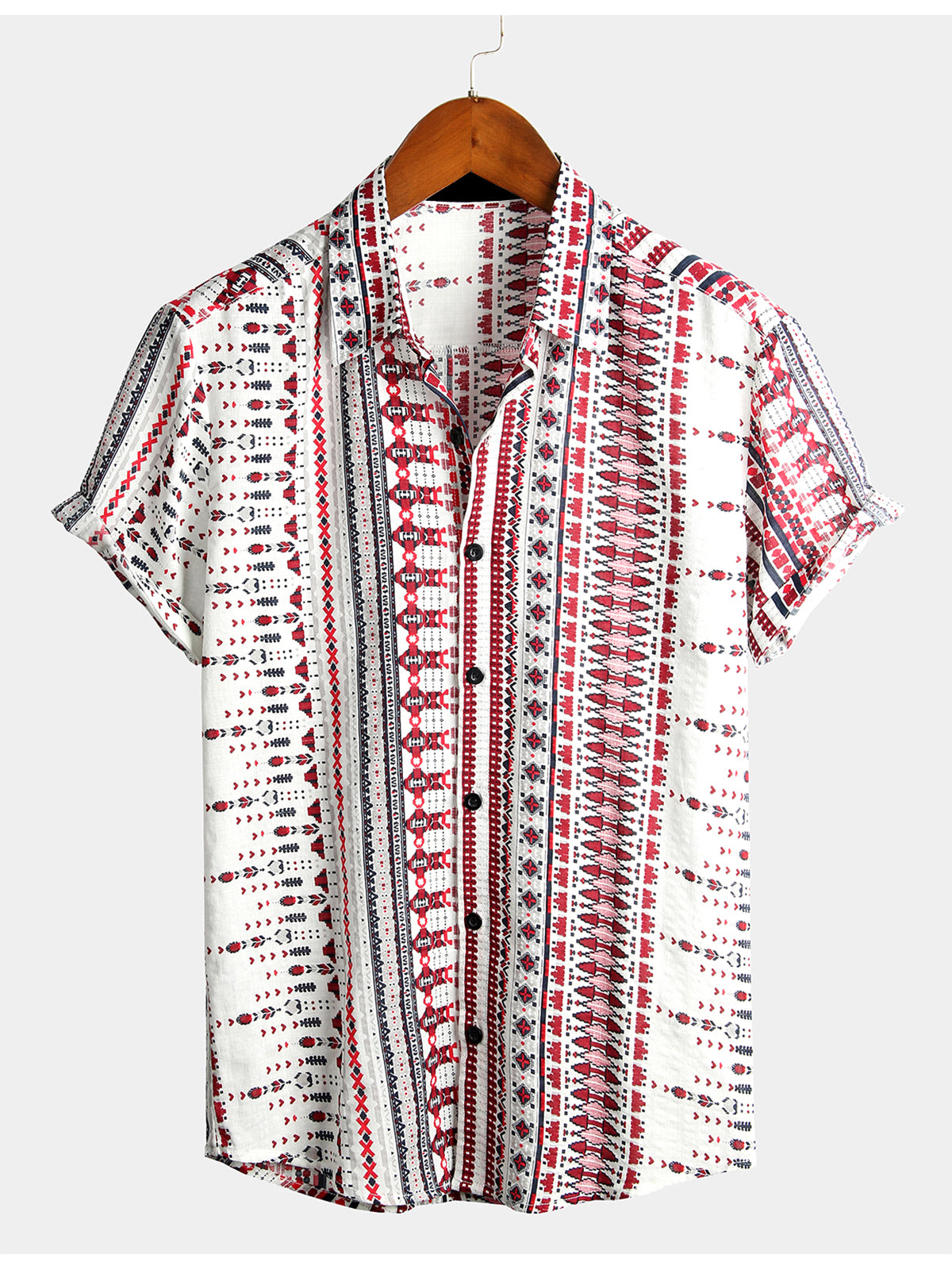 Men's Vintage Cotton Hawaiian White and Red Striped Beach Short Sleeve Shirt