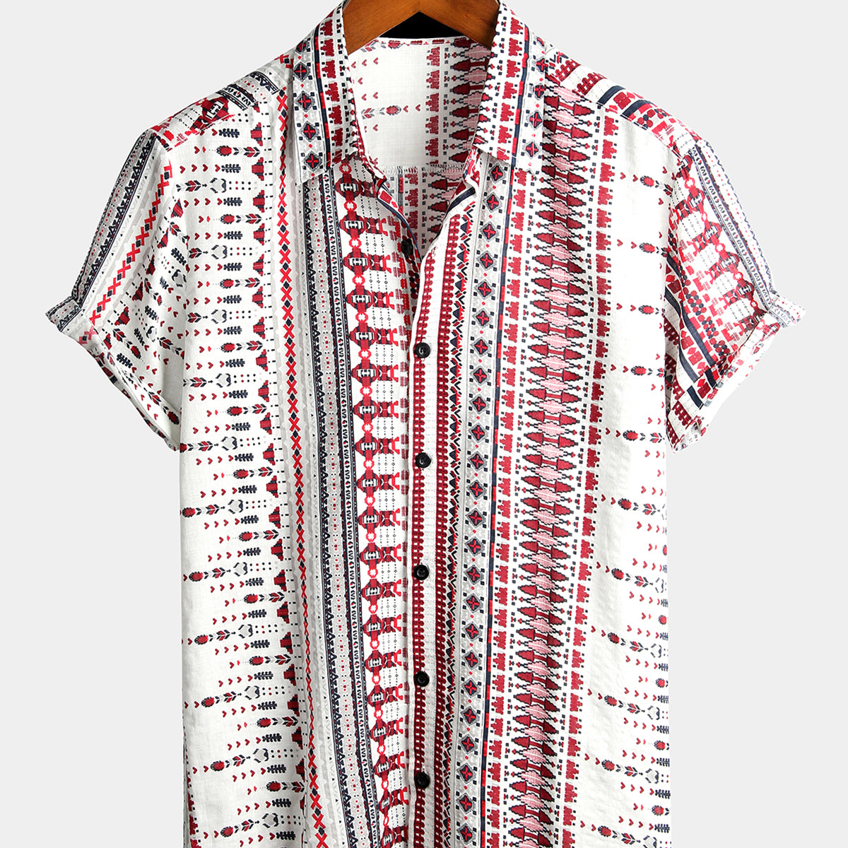 Men's Vintage Cotton Hawaiian White and Red Striped Beach Short Sleeve Shirt