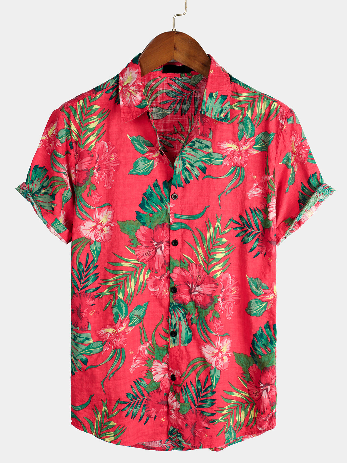 Men's Red Flower Tropical Hawaiian Cotton Short Sleeve Shirt