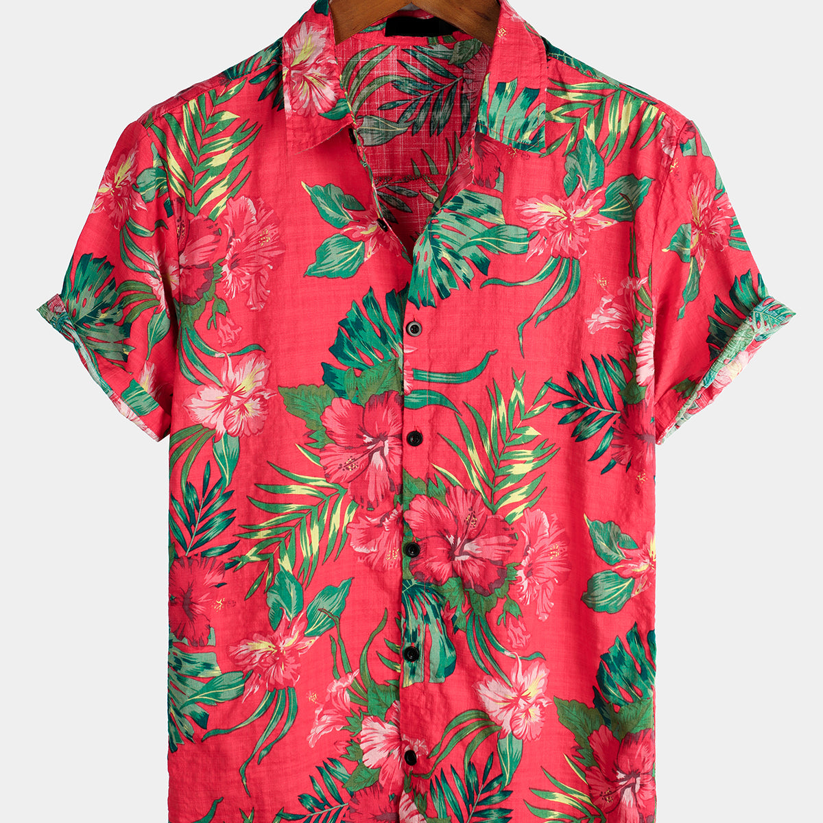 Men's Red Flower Tropical Hawaiian Cotton Short Sleeve Shirt