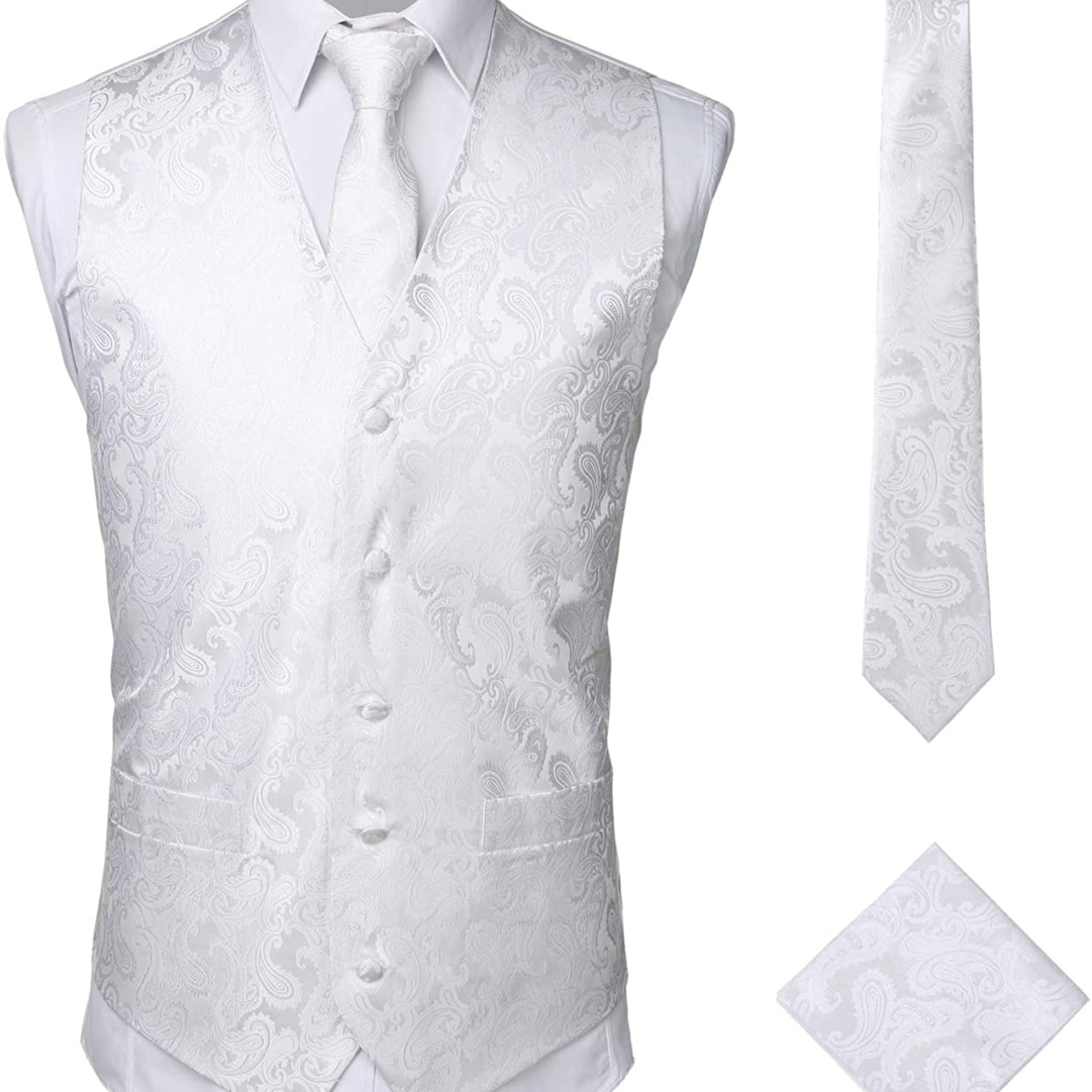 Men's Paisley Vest Necktie Pocket Square Handkerchief Set for Suit or Tuxedo