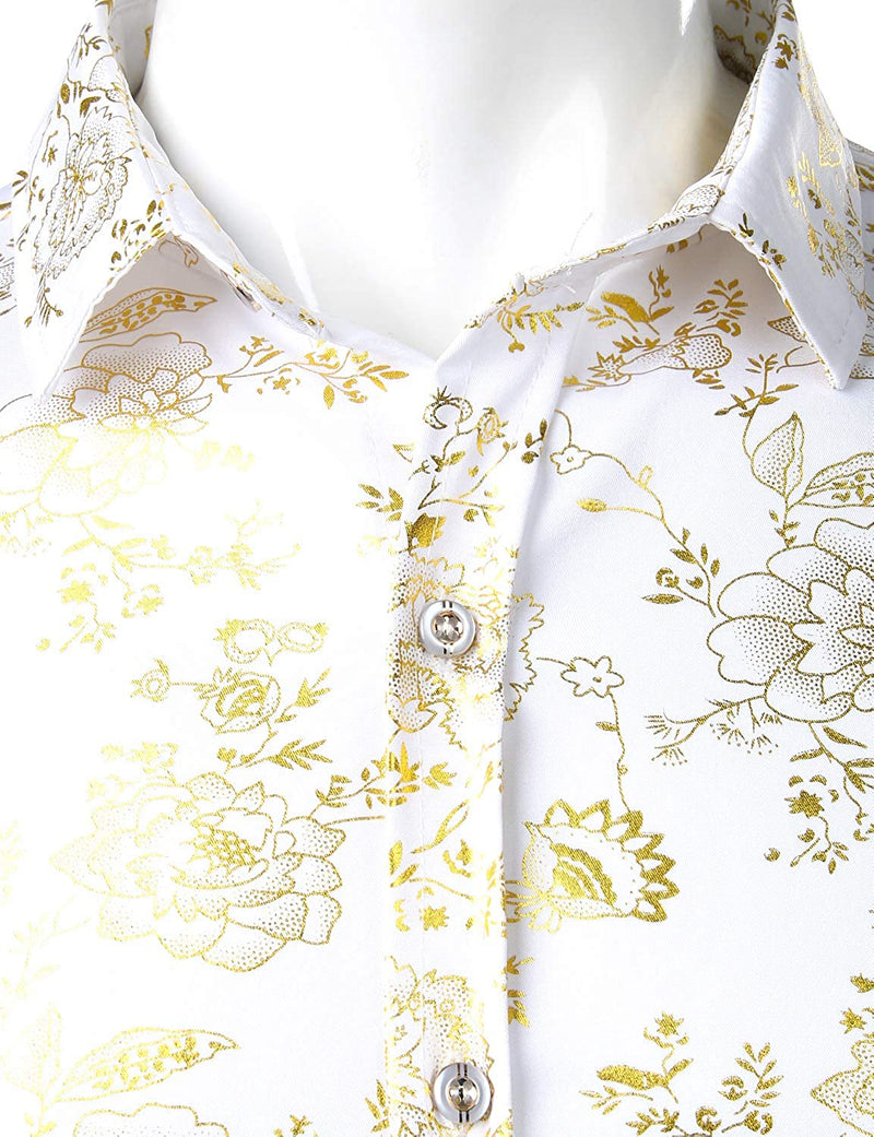 Men's Party Design Shiny Golden Floral Long Sleeve Dress Shirts