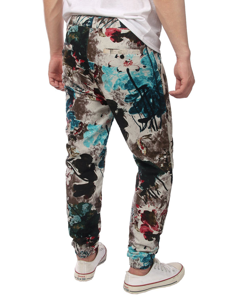 Men's Jogger Cotton Pants Flower Printed Drawstring Trousers(Blue)